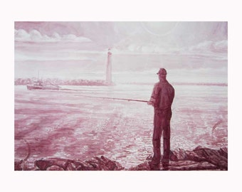 Print of a Wine Painting - "Jim At The Barnegat Inlet NJ"