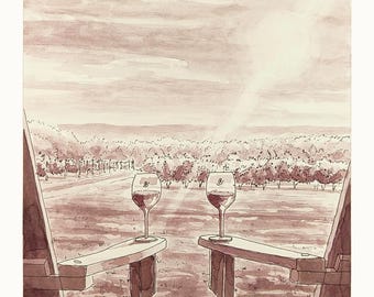 Wine & Watercolor original sketch- "Relaxing At The Vineyard"