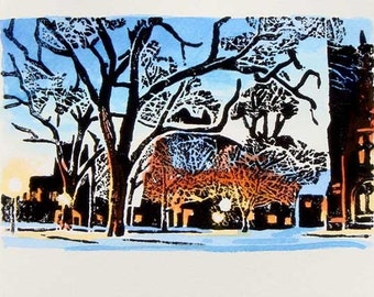 Princeton Winter III - Original Hand Printed and Watercolor Block Print