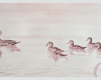 Wine & Watercolor original painting- "Momma And Baby Wood Ducks"