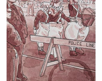 Wine & Watercolor original sketch- "Police Line" - Broad Street, Mummers Parade, Philadelphia