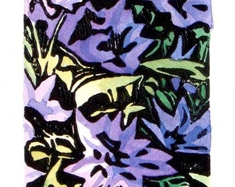 Clematis at Auburn - Original Hand Printed and Watercolor Block Print