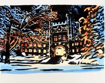 Princeton Winter IV - Original Hand Printed and Watercolor Block Print
