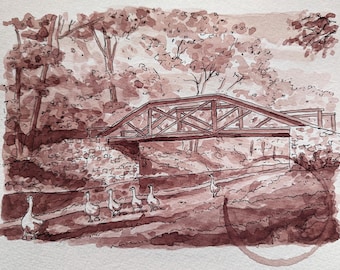 Wine & Watercolor original sketch- "Group Run" on the Delaware Canal, Pennsylvania side.