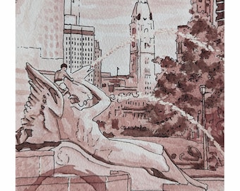 Wine & Watercolor original sketch- "Cooling Off" - Logan Square, Philadelphia
