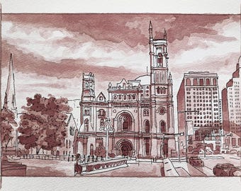 Wine & Watercolor original sketch- "Masonic Temple Philadelphia"