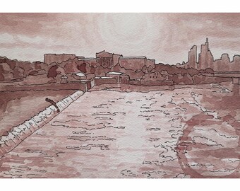 Wine & Watercolor original sketch- "The Log" Sunrise at The Philadelphia Museum from the Schuylkill River,