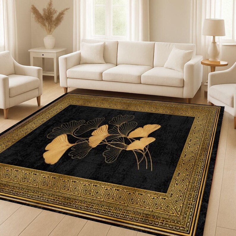 3D Golden Ginkgo Leaves Kitchen Rug: Elegant Black and Gold Accent Mat ...