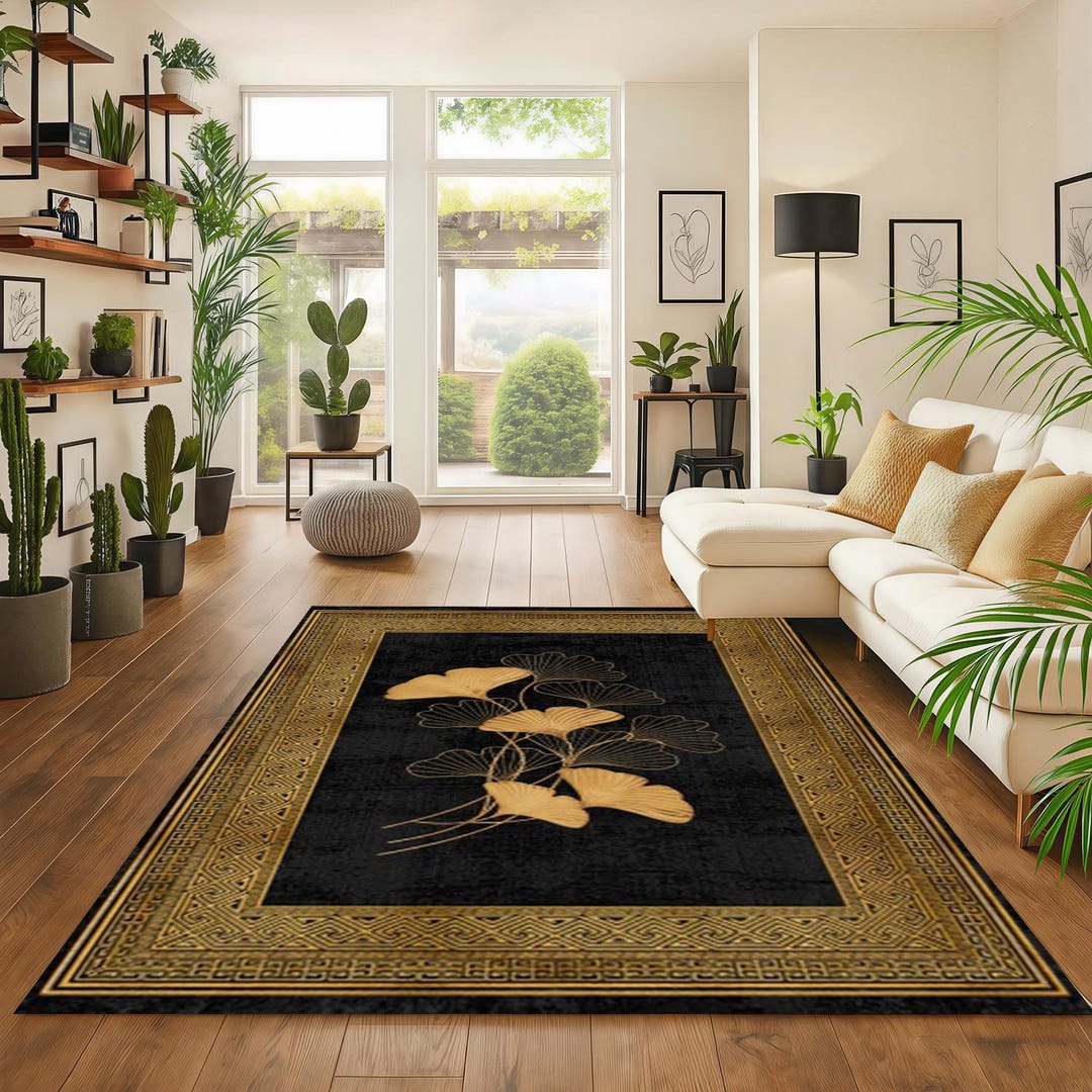 3D Golden Ginkgo Leaves Kitchen Rug: Elegant Black and Gold Accent Mat ...
