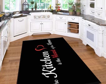 Alfombra de cocina impresa en 3D: antideslizante, colorida, moderna, con temática de cocina en blanco y negro.