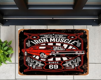 Iron Muscle Doormat: Funny 3D Printed Entry Mat, Muscle Car Doormat, Vintage Car Decor, American Classic Rug, Garage Decor, Car Enthusiast