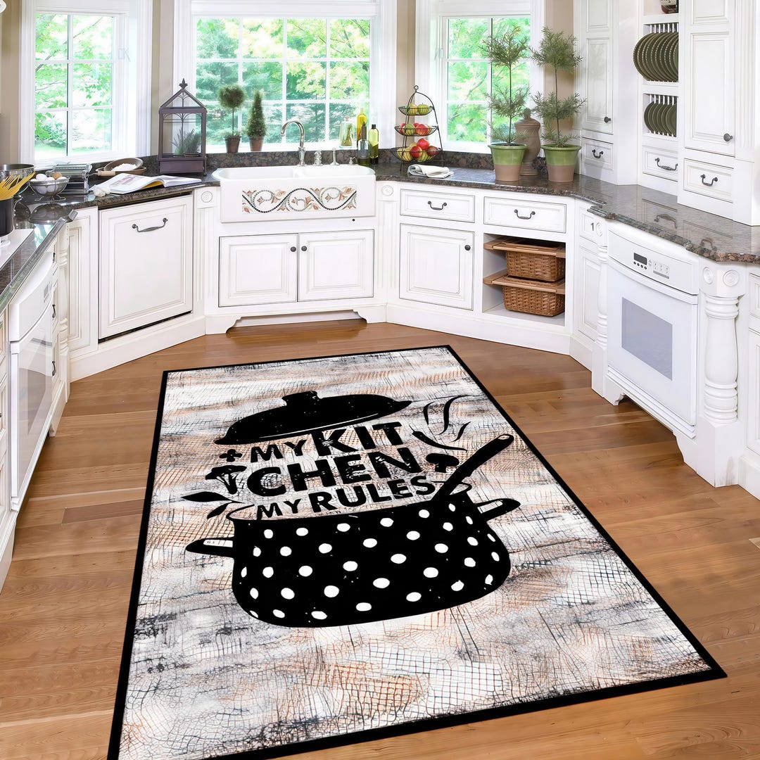 3D Printed Kitchen Rug: Cooking Utensils Theme, Non-slip Cotton Backing ...