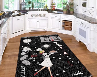 Alfombra de cocina a cuadros en blanco y negro: antideslizante, con impresión 3D, colorida y moderna.