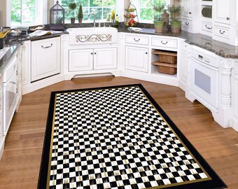 Alfombra de cocina a cuadros en blanco y negro: antideslizante, con impresión 3D, colorida, moderna y elegante.