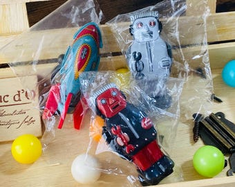 Vintage Meiji x Kitahara Collection vol.4 Tin Toy Miniatures - Set of 3: Robot x2 , Rocket - Retro Japanese Collectible-Unopened