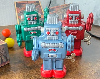 Juguete japonés antiguo de cuerda/Robot fumador (azul) | Réplica de alta calidad de los años 80 de Yonezawa | Probado y en funcionamiento