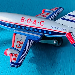 Utmärkt skick - Vintage BOAC DH Comet 4 plåtleksak, tillverkad i Japan, samlarobjekt från 1950-60-talet, alla hjul intakta