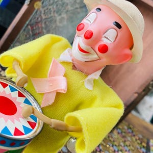 Vintage Toy Wind Up Drumming Pierrot Clown- Creepy Cute Showa Retro-Rare Pattern with Red Shoes Rare "Made in China" Collectible