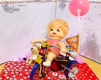 SUPER CUTE Celluloid Face Ringing Tricycle Tin Wind-up Toy | Near