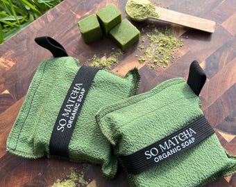 Natural Matcha Soap Set in Exfoliating Pouches – Handmade Green Tea Gift Box