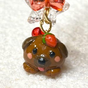 Puppy Bag Charm: Strawberry Hat Kawaii Dog Charm. Handmade with Polymer Clay and Beads. One of a Kind.