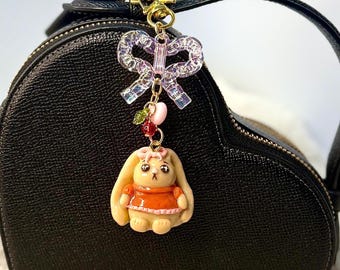 Handmade Cherry Bunny Charm: Polymer Clay Keychain, Kawaii Collectible
