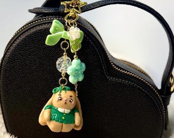 Handmade Polymer Clay Bunny Charm: Mint Meadow Keychain