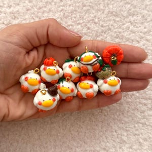 May include: A selection of miniature duck charms, predominantly white with orange beaks and feet, and red cheeks. They are adorned with different hats and gold-coloured loops. An orange pumpkin charm is also visible.