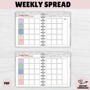 May include: Two-page weekly planner spread with the text "WEEKLY SPREAD" at the top. The planner has a white background with a black polka dot border. Each page has a grid layout for daily planning, with color-coded sections.