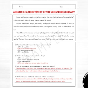Answer key page for 2nd grade reading comprehension worksheet with short fiction story, higher-order thinking questions, multiple choice and open-ended answers, printable PDF