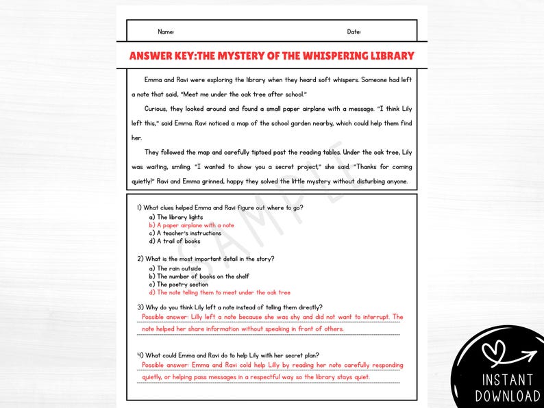 Answer key page for 2nd grade reading comprehension worksheet with short fiction story, higher-order thinking questions, multiple choice and open-ended answers, printable PDF