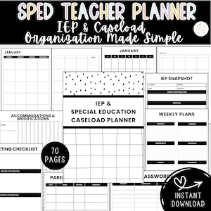 May include: A digital teacher planner with the text "SPED TEACHER PLANNER IEP & Caseload Organization Made Simple." The planner includes sections for January, IEP snapshots, weekly plans, and meeting checklists. The planner has 70 pages and is an instant download.