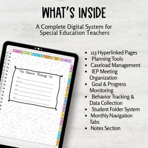 May include: A digital planner for special education teachers displayed on a tablet screen. The interface features a 'This Planner Belongs To' section, monthly navigation tabs, and a list of 113 hyperlinked pages including planning tools, caseload management, IEP meeting organization, goal tracking, and data collection.