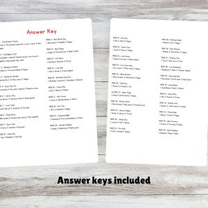 May include: Two white sheets of paper with printed text, labeled "Answer Key," are displayed on a light wood surface. The text is black and organized in numbered lists. The phrase "Answer keys included" is printed in black at the bottom.