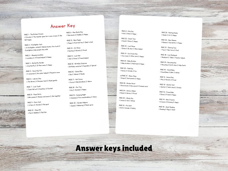 May include: Two white sheets of paper with printed text, labeled "Answer Key," are displayed on a light wood surface. The text is black and organized in numbered lists. The phrase "Answer keys included" is printed in black at the bottom.
