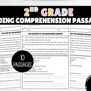 Puede incluir: Una descarga digital con 10 pasajes de comprensión lectora para estudiantes de 2º grado. Las hojas de trabajo tienen títulos como "El caso del patio trasero" y "El misterio de la biblioteca susurrante". El texto "Descarga instantánea" también es visible.