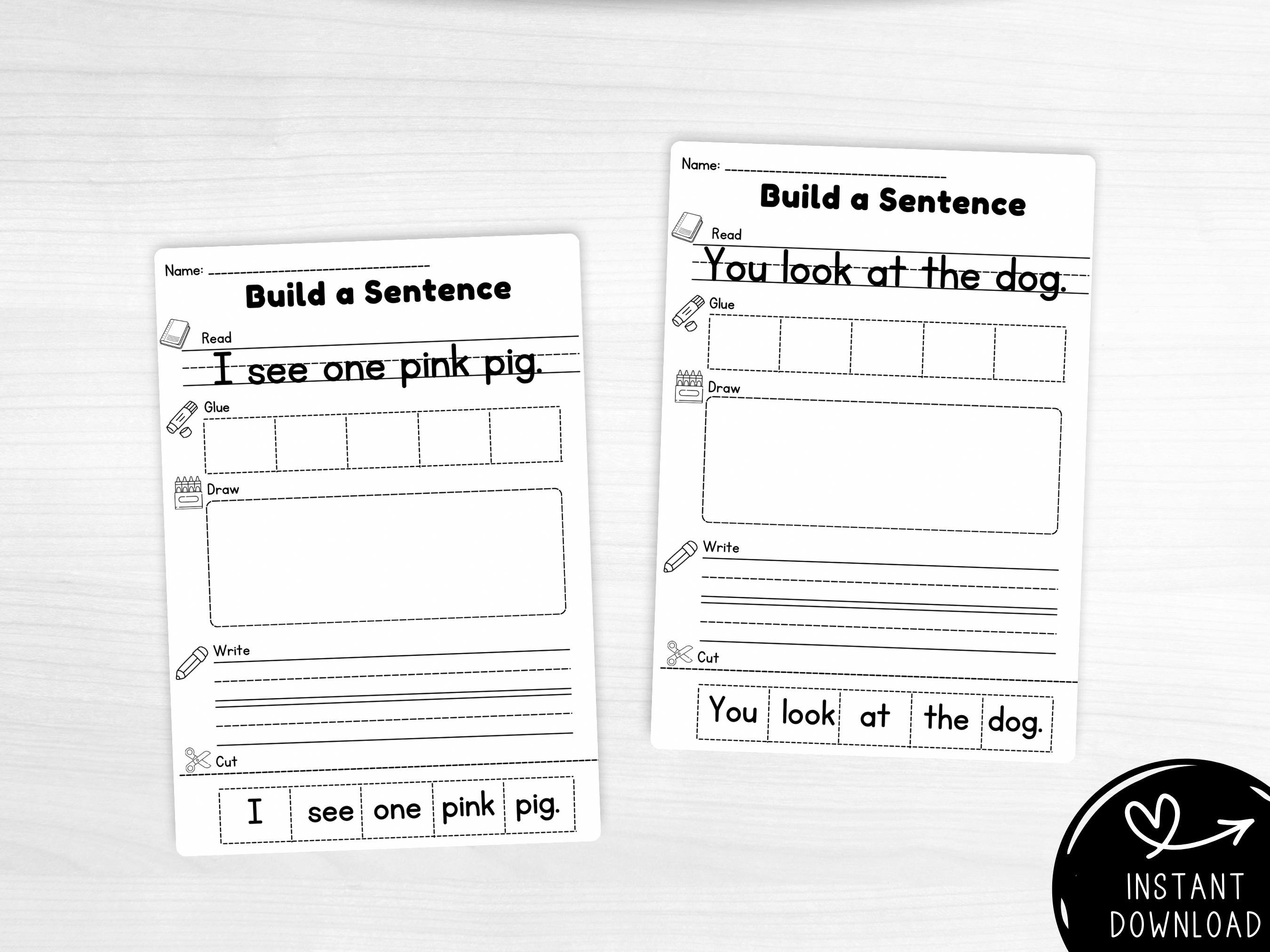 Build a Sentence Worksheets, Preschool, Kindergarten, & First Grade