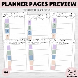 May include: Preview of planner pages with headings for Reading, Writing, and Math groups. Each page features numbered boxes in pastel colors. The text "THIS PLANNER IS NOT EDITABLE" is displayed at the top. The image also includes the text "PDF" and "INSTANT DOWNLOAD".