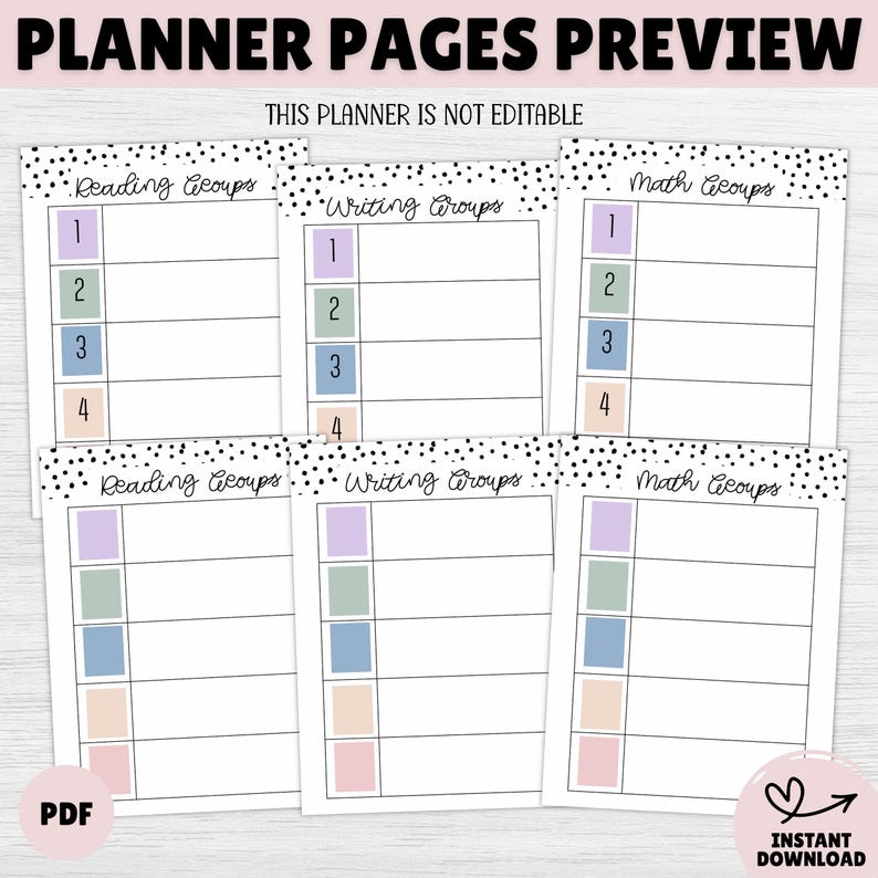 May include: Preview of planner pages with headings for Reading, Writing, and Math groups. Each page features numbered boxes in pastel colors. The text "THIS PLANNER IS NOT EDITABLE" is displayed at the top. The image also includes the text "PDF" and "INSTANT DOWNLOAD".