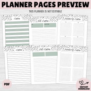 May include: Preview of planner pages with headings like "Notes," "Pod Notes," and "Meeting Notes." The pages have a black dotted border and include lined and grid layouts. The text "THIS PLANNER IS NOT EDITABLE" is at the top.