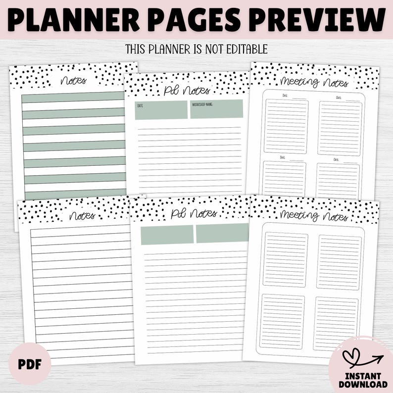 May include: Preview of planner pages with headings like "Notes," "Pod Notes," and "Meeting Notes." The pages have a black dotted border and include lined and grid layouts. The text "THIS PLANNER IS NOT EDITABLE" is at the top.