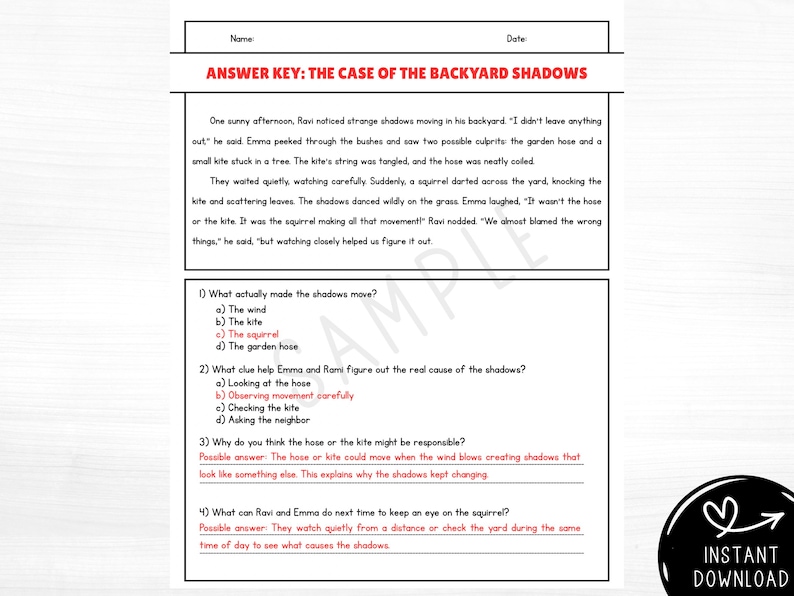 2nd grade reading comprehension short story answer key showing solutions for multiple choice, open-ended, and higher-order thinking comprehension questions