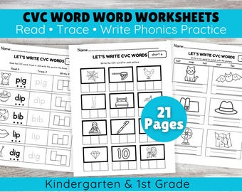 CVC Word Worksheets | Short Vowel Phonics Worksheets | Read Trace Write Practice | Kindergarten & 1st Grade Reading Practice | Printable PDF