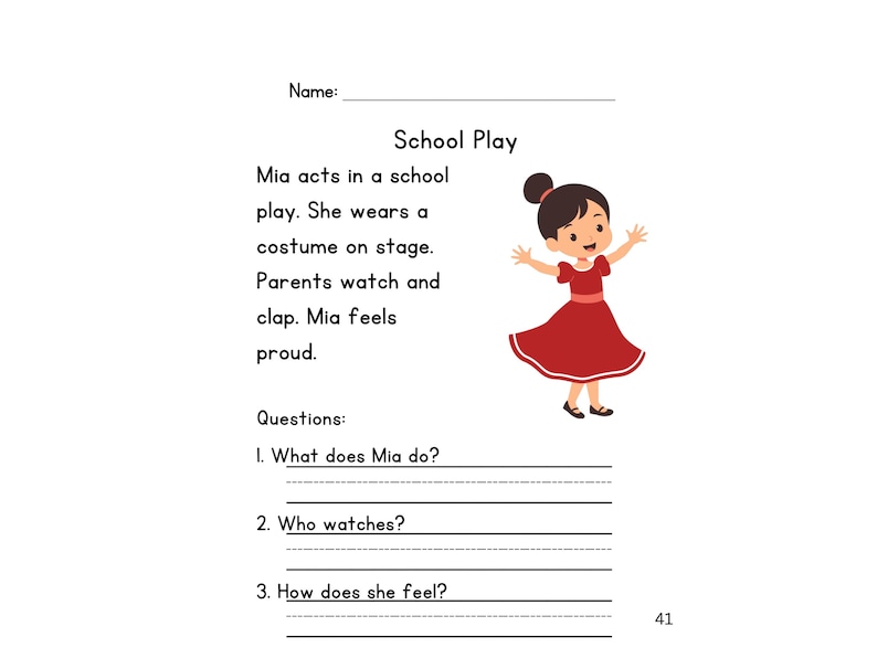 May include: A page from a children's book with the title "School Play." The text describes a girl named Mia in a school play. An illustration shows Mia in a red dress. Questions about the story are listed below the text.