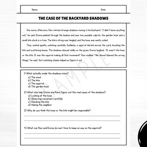 Sample 2nd grade short fiction story reading worksheet featuring comprehension questions that build higher-order thinking, including multiple choice and open-ended questions