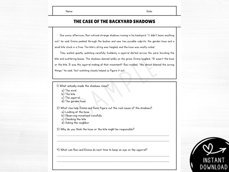Sample 2nd grade short fiction story reading worksheet featuring comprehension questions that build higher-order thinking, including multiple choice and open-ended questions