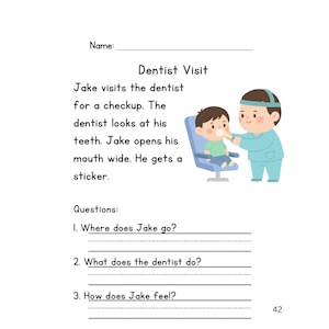 May include: A children's book page with the title "Dentist Visit". An illustration shows a dentist examining a child's teeth. Text includes questions about the story. The page is white with black text and colorful illustrations.