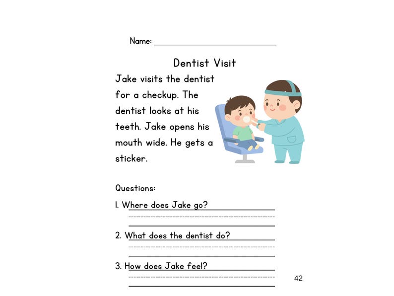 May include: A children's book page with the title "Dentist Visit". An illustration shows a dentist examining a child's teeth. Text includes questions about the story. The page is white with black text and colorful illustrations.