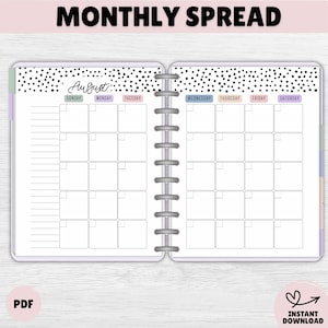 May include: A monthly planner spread with the text "MONTHLY SPREAD" at the top. The planner is open, showing a calendar for August with space for notes. The top border has black polka dots. The bottom right corner has a heart and the words "INSTANT DOWNLOAD".