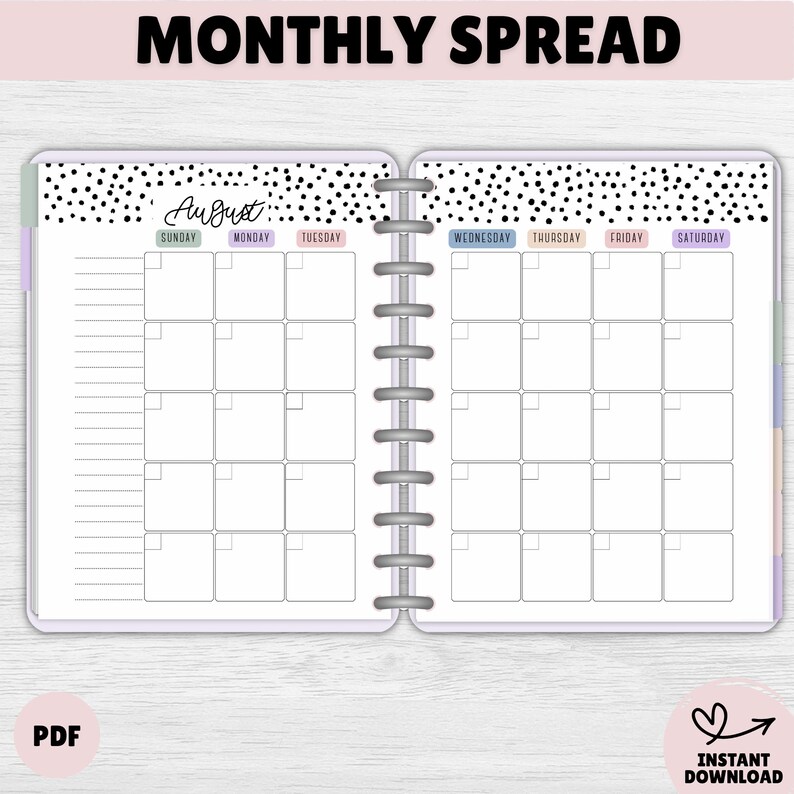 May include: A monthly planner spread with the text "MONTHLY SPREAD" at the top. The planner is open, showing a calendar for August with space for notes. The top border has black polka dots. The bottom right corner has a heart and the words "INSTANT DOWNLOAD".
